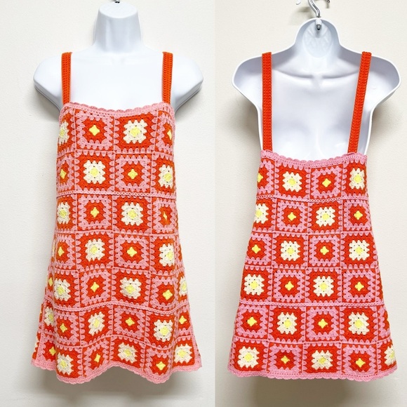 Zara Womens Bloggers Fave Orange Pink Crochet Knit Mini Dress Size Small - Picture 2 of 11